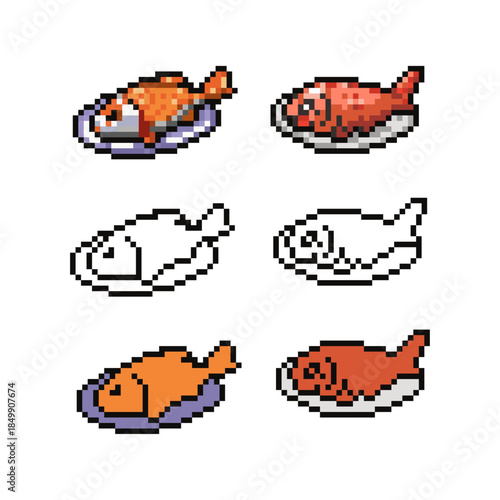 A collection of six pixel art sprites representing a whole steamed fish served on a plate. The set includes various artistic styles such as high-detail textured renders, clean line art outlines.