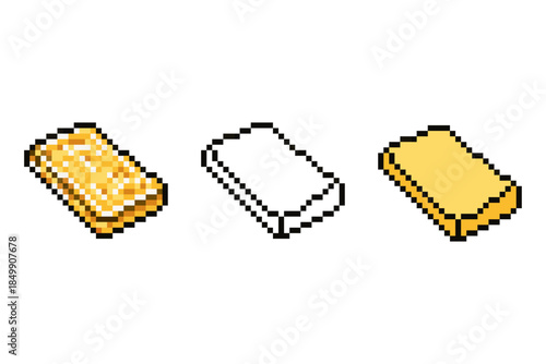 A set of three pixel art sprites representing a rectangular block, versatile for use as butter, cheese, a sponge, or a gold bar.