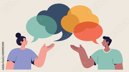 Two people with open hands presenting colorful overlapping speech bubbles above them