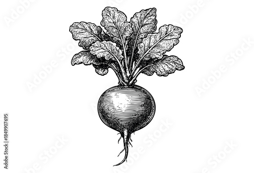 Vintage line art illustration of a whole beetroot with leaves and root, isolated on a white background, perfect for food, health, or botanical projects.