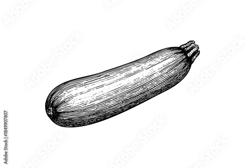A detailed black and white engraving style illustration of a single zucchini with a white background, perfect for culinary, healthy eating, or farm-to-table themes.