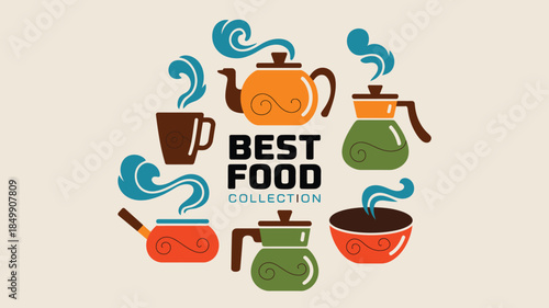 Variety of steaming food and drink containers arranged circularly with a central text message
