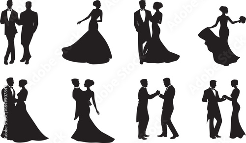 Elegant silhouettes of wedding couples, in a variety of poses and attire, a timeless illustration of love and commitment. capturing the essence of the big day.