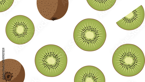 Fresh kiwi fruit slices and whole kiwis are arranged in a vibrant, playful pattern against a clean white background.
