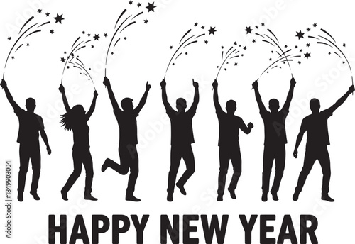 Silhouette figures celebrate New Year's, a vibrant illustration of festive joy and togetherness, with fireworks illuminating the night sky.