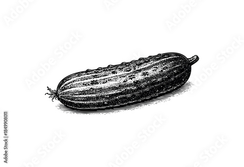 A detailed, vintage-style black and white illustration of a single cucumber with textured lines against a clean white background, perfect for retro food or health themes.