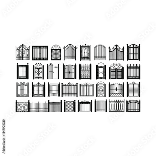 Collection of various black and white gate designs in a grid layout
