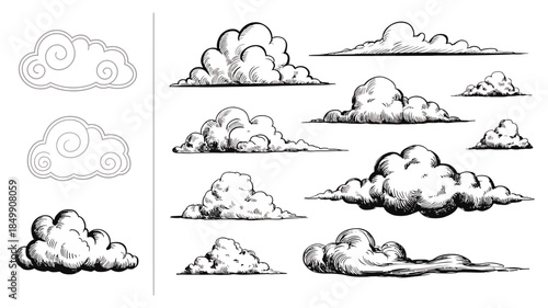 Various hand sketched clouds with black outlines and subtle gray shading on a clean white background
