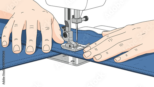 Hands guiding blue fabric under a sewing machine presser foot for a straight stitch, demonstrating basic sewing technique.