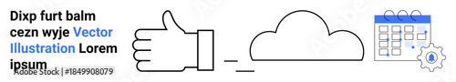 Feedback, cloud computing, scheduling, SaaS management, workflow, time optimization. Thumbs up, a cloud and a calendar with a gear icon. Feedback and cloud computing concepts