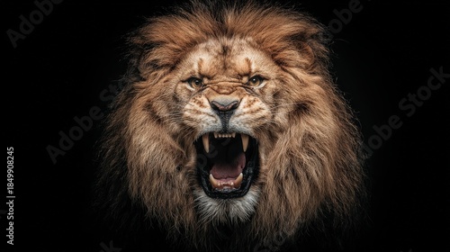 Close up portrait of fierce lion roaring on black background
