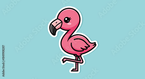Cute cartoon pink flamingo illustration with exaggerated features on a light blue background ideal