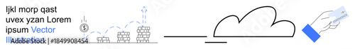 Technology, cloud computing, data management, financial analysis, innovation, digital solutions. Simple cloud, bar chart currency and hand with card elements. Cloud computing and data management