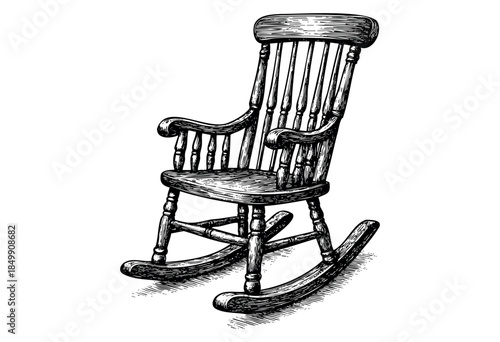An antique wooden rocking chair is depicted in a detailed black and white sketch, evoking a sense of nostalgia and timeless comfort.
