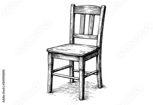 A detailed black and white sketch of a vintage wooden chair with a striped backrest and seat, rendered with hatching for texture and shading against a clean white background.