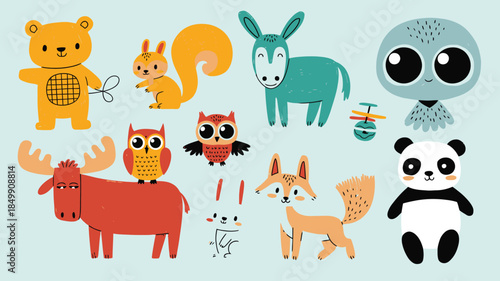 Whimsical collection of hand drawn style cartoon forest animals and playful creatures
