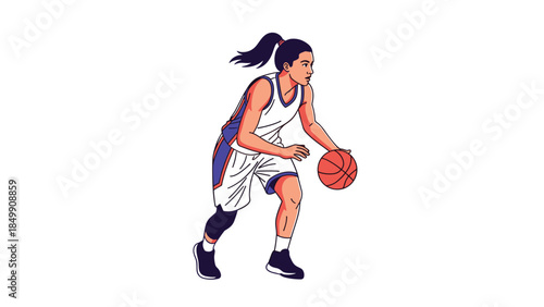 Female basketball player dribbling the ball with focus and determination during a game or practice session.