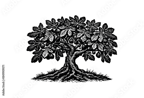 A detailed black and white illustration of a mature fig tree with abundant fruit and visible roots, rendered in a woodcut style on a white background.