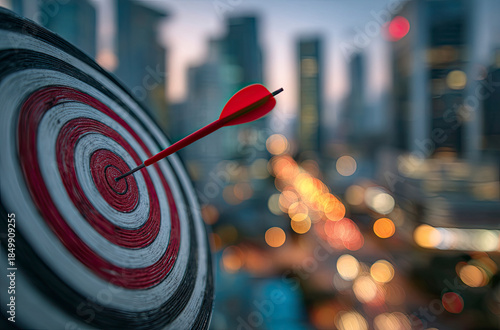 Red arrow hitting bullseye target, city backdrop