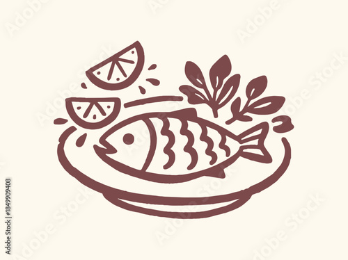 Fish On Plate Minimal Line Icon Vector Illustration