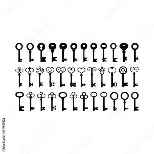 An assortment of vintage keys and heart shapes in a black and white design