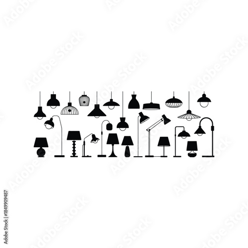An assortment of various black and white lamp silhouettes on a white background