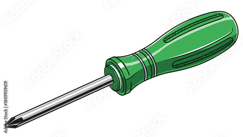 Green handled screwdriver with metal tip.