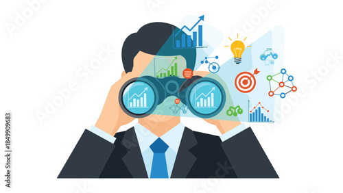 Business professional uses binoculars to analyze data and future trends, representing strategic vision and market research.