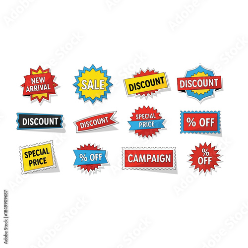 Set of colorful sale and discount labels for shopping and promotions