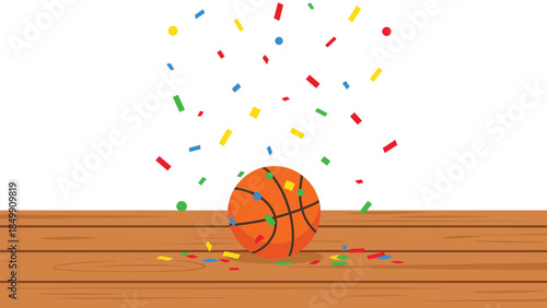 Celebratory confetti rains down on a basketball resting on a polished wooden floor, symbolizing victory and achievement.