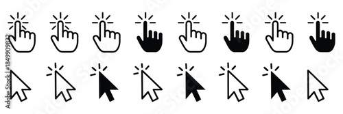 arrow and hand pointer cursor icon set featuring computer mouse click symbols, rank title inspired vector illustration for user interface navigation