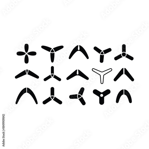 Collection of boomerang illustrations in various shapes and designs black and white