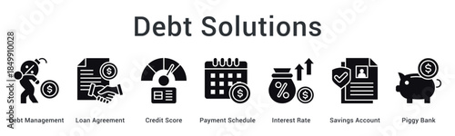 Debt solutions manage obligations through loan agreements and payment schedules balancing interest rates with savings growth.