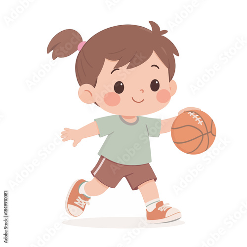 Joyful cartoon girl actively playing basketball, dribbling the ball with a bright smile. This vibrant illustration captures the essence of children's sports, healthy activity, and playful childhood