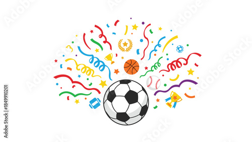 Celebratory sports equipment bursts with colorful confetti and awards, representing victory and athletic achievement.