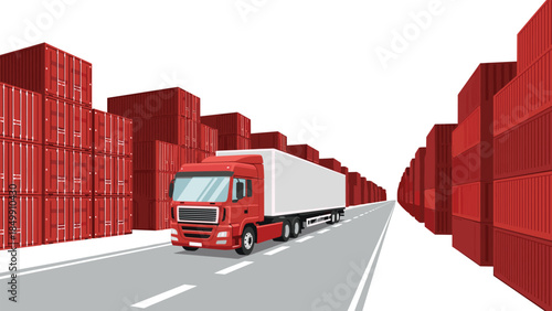 Red semi-truck travels down a highway lined with stacked shipping containers, representing global commerce and logistics.