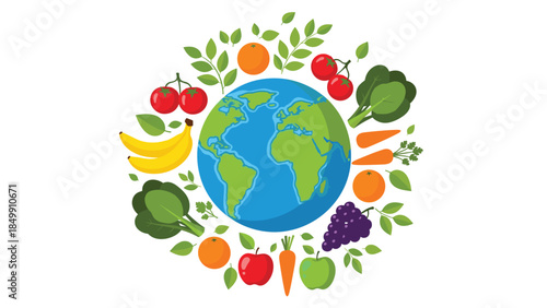 Healthy global food supply represents a sustainable and nutritious world, showcasing diverse fruits and vegetables surrounding planet earth.