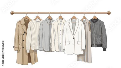 A stylish collection of neutral-toned clothing items hangs neatly on a wooden rack, showcasing modern wardrobe essentials.