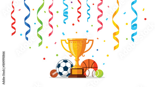 Golden trophy surrounded by various sports balls and colorful confetti creates a celebratory and victorious atmosphere.