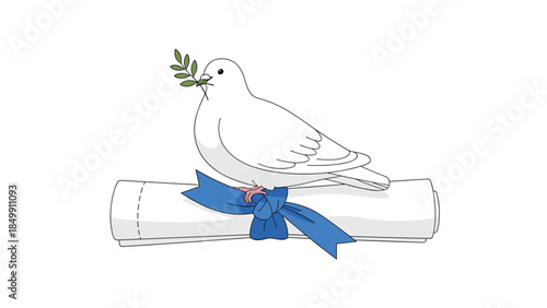 A white dove perches on a rolled parchment tied with a blue ribbon, symbolizing peace, hope, and academic achievement.
