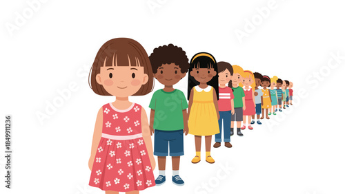 Diverse group of children stand in a line, smiling and facing forward, representing unity and childhood innocence.