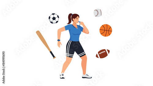 Female athlete hydrates with a water bottle while surrounded by various sports equipment, representing a multi-sport lifestyle.