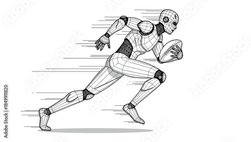 Futuristic robotic athlete sprints with a football, showcasing advanced technology and the future of sports performance.