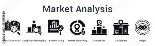 Market analysis banner web icon examines industry and competitive landscape through benchmarking for positioning insights.
