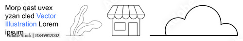 Retail concepts, urban design, small businesses, landscape elements, marketing visuals, architecture . Minimalist storefront, cloud outline and decorative plant. Retail concepts and urban design