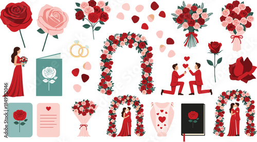 Romantic wedding vector set featuring red roses, floral arches, bridal bouquets, engaged couples, marriage rings, rose petals, and decorative floral elements for invitations.