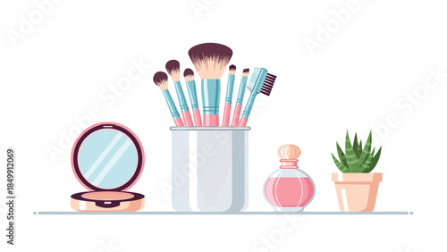 Stylish makeup brushes, a perfume bottle, compact mirror, and succulent plant arranged on a surface for beauty and self-care.