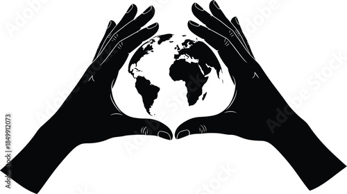 Black and white graphic illustration depicting two cupped hands gently holding and protecting the planet earth in a symbolic gesture of care