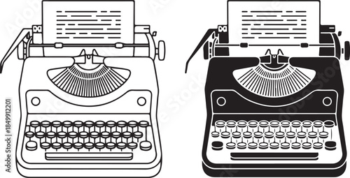 Classic typewriter illustration in outline and silhouette styles with paper for nostalgic themes