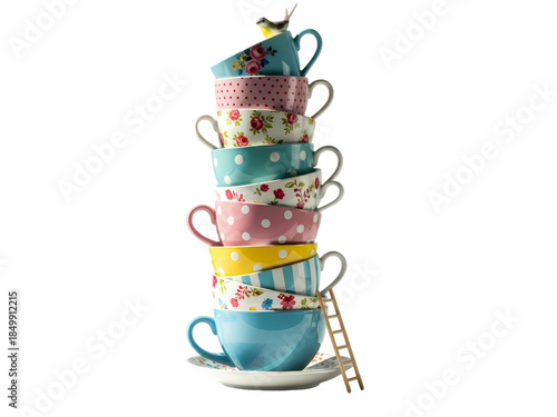 Lovingly stacked colorful teacups create a delightful tower brightly illuminated and charmingly whimsical conveying a playful feel and visual harmony